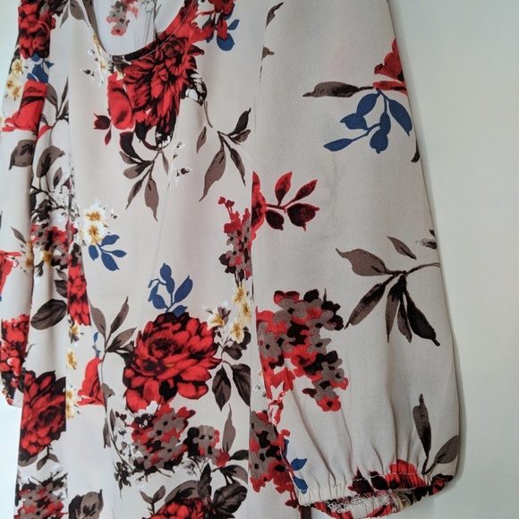 Summer SALE Floral Red Blue Dress, Mid length, Size Small, Long Sleeve Puff - Picture 3 of 8